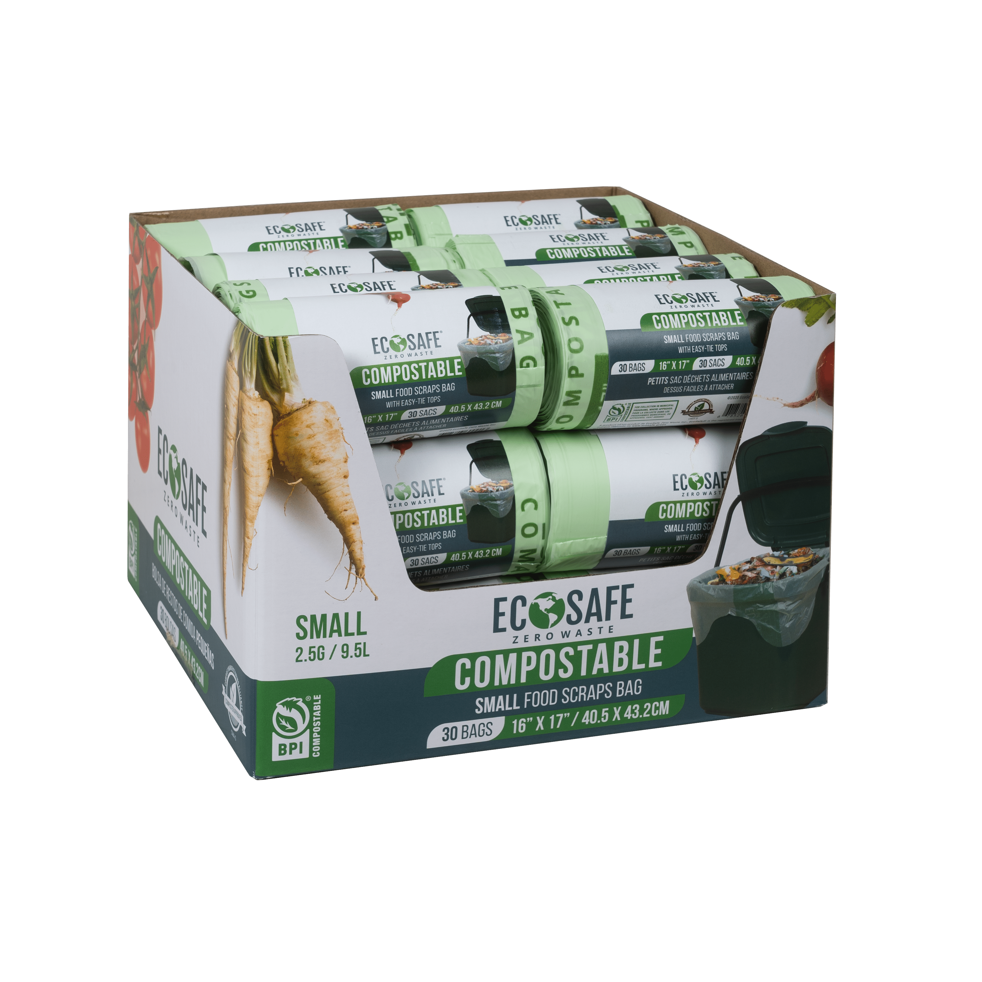 EcoSafe RP2432-6 Retail Pack Tall Kitchen Compostable Bag Case of 24 Retail, Packs of 12 Bags Pack of 288 13 g Green 