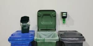 Composting bins, a Kitchen Caddy, and an EcoSafe Multires Dispenser