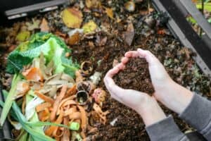 Hands holding compost over the compost bin